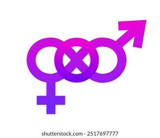 Ilustração vetorial de símbolo bissexual. Símbolo de gênero feminino e masculino entrelaçado. Elemento gráfico de gradiente colorido representando a comunidade bi+.