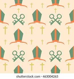 Bishop mitre and crosses. Seamless backdrop. Vector illustration. Catholic symbols