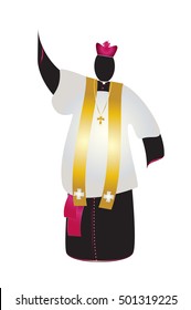 Bishop or monsignor, abstract silhouette of a traditional choral vestments cleric in a cassock or soutane, with a biretta hat, surplice and a stole. Color vector illustration.