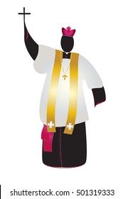 Bishop or monsignor, abstract silhouette of a traditional choral vestments cleric in a cassock or soutane, with a biretta hat, surplice and a stole, holding a cross. Color vector illustration.