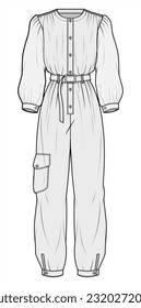 Bishop Sleeve Cargo Jumpsuit, Boiler Jumpsuits, Racer Jumpsuit  Front and Back View. Fashion Flat Sketch Vector Illustration, CAD, Technical Drawing, Flat Drawing, Template, Mockup.