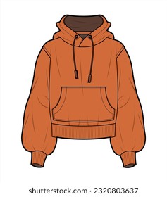 Bishop Sleeve Hoodies Sweater  Fashion Flat Sketch Vector Illustration, CAD, Technical Drawing, Flat Drawing, Template, Mockup.