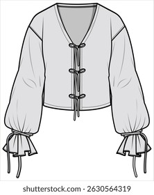 Bishop Sleeve Top with Front Knot Tie Fashion Flat Sketch Vector Illustration, CAD, Technical Drawing, Flat Drawing, Template, Mockup.
