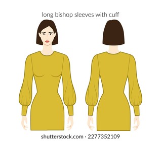 Bishop sleeves with cuff long length clothes character beautiful lady in ochre top, shirt, dress technical fashion illustration. Flat apparel template front, back sides. Women, men unisex CAD mockup