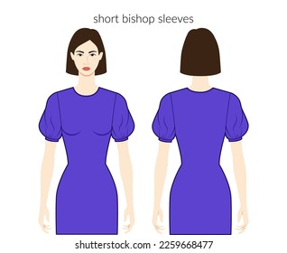 Bishop sleeves short length clothes character beautiful lady in blue top, shirt, dress technical fashion illustration, fitted. Flat apparel template front, back sides. Women, men unisex CAD mockup
