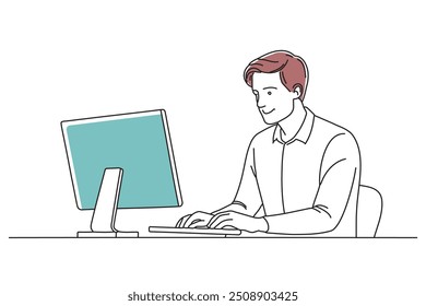 A bisinessman working on a computer, showcasing concentration and productivity in an office environment doodle continuous line art vector illustration on white background.