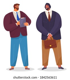 Bisinessmen meeting, partners are talking, two bearded serious men holding briefcase and clipboard. Business people communicating standing on white. Smiling friendly colleagues wearing formally