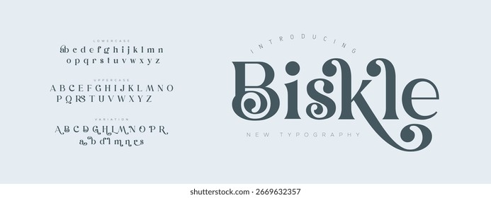 Biskle Elegant Font Uppercase Lowercase Number. Typography luxury classic lettering serif fonts decorative wedding vintage retro logos, design for fashion, beauty shop and brand. vector illustration
