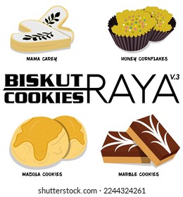 biskut raya vector (cookies raya vector). mama carey,cornflakes madu (honey cornflakes), mazola, marble cookies.chinese new year, hari raya aidilfitri, Deepavali Traditional cookies.