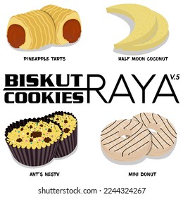 biskut raya vector (cookies raya vector).tart nenas (pineapple tarts),half moon coconut,sarang semut(ants nestv),mini donut.chinese new year, hari raya aidilfitri, Deepavali Traditional cookies.