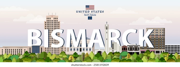 Bismarck city skyline colorful vector illustration. Travel poster