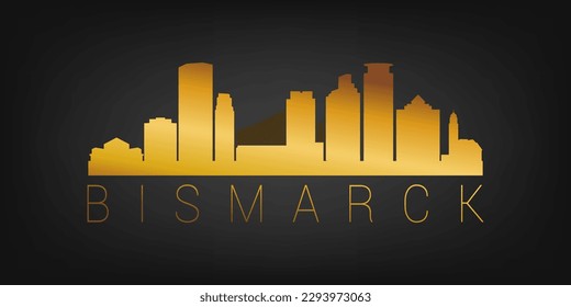 Bismarck, ND, EEUU Gold Skyline City Silhouette Vector. Diseño Dorado Símbolos Icono Estilo Lujo. Edificios famosos de viajes y turismo.