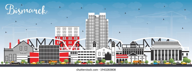 Bismarck North Dakota City Skyline with Color Buildings and Blue Sky. Vector Illustration. Bismarck USA Cityscape with Landmarks. Business Travel and Tourism Concept with Modern Architecture.