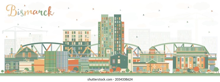 Bismarck North Dakota City Skyline with Color Buildings. Vector Illustration. Bismarck USA Cityscape with Landmarks. Business Travel and Tourism Concept with Modern Architecture.