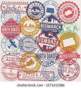 Bismarck North Dakota Set of Stamps. Travel Stamp. Made In Product. Design Seals Old Style Insignia.