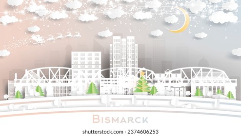 Bismarck North Dakota USA. Winter City Skyline in Paper Cut Style with Snowflakes, Moon and Neon Garland. Christmas, New Year Concept. Santa Claus on Sleigh. Bismarck Cityscape with Landmarks.