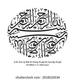 Bismillah Arabic Calligraphy Vector and Meaning, Surah Al Fatihah Ayat 1 from Holy Quran, Thuluth Script, Style D