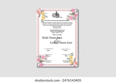 Bismillah |Luxury Islamic Marriage Certificate Design A4 Size | Nikkah Nama Design with Floral