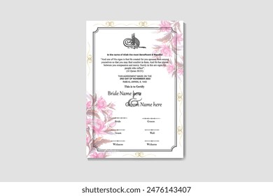 Bismillah |Luxury Islamic Marriage Certificate Design A4 Size | Nikkah Nama Design with Floral