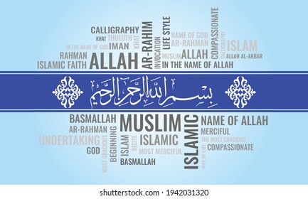 BISMILLAH word cloud. Arabic calligraphy translation: In the name of Allah, the most gracious the most merciful. Vector illustration.. 