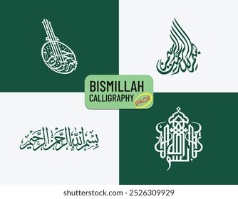 Bismillah-Hir-Rahman-Nir-Rahim" Vector de caligrafía de 4 diseños con hermosa escritura artística, y su traducción al inglés; "En el nombre de Alá, el Más Bendito, el Más Misericordioso". EPS 10