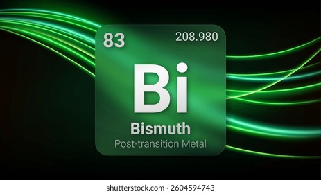 Bismuth (Bi) (083) Post Transition Metal, Glass Morphism Element Futuristic Neon Light Glow Background Periodic Table, Chemical Symbol, Name, Atomic Mass, Atomic Number, Vector Illustration