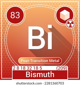 Bismuth (Bi) Element - Post-Transition Metal - Periodic Table, Chemical Symbol, Name, Atomic Weight, Atomic Number, Electron Shells, Classification, Phase at STP - Chemistry Logo Icon Design