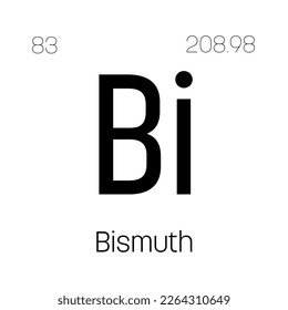 Bismuth, Bi, periodic table element with name, symbol, atomic number and weight. Heavy metal with various industrial uses, such as in cosmetics, alloys, and as a substitute for lead in certain