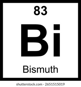 Tabela periódica bismuto (Bi) de elementos lado a lado. Ícone com número atômico 83. Metal pesado com baixa toxicidade, usado em medicamentos e ligas.
