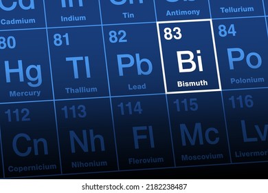 Bismuth on periodic table. Radioactive post-transition metal and chemical element with symbol Bi, possibly from the obsolete German Wismut, and with atomic number 83. Used in cosmetics and pigments.