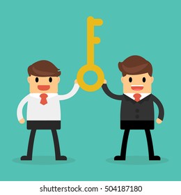 Bisnessman holding a golden key to success , Successful teamwork concept