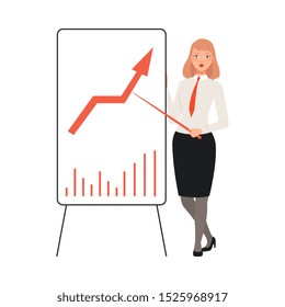 Bisnesswoman Presents Statistics Using Pointing Stick character Illustration Vector