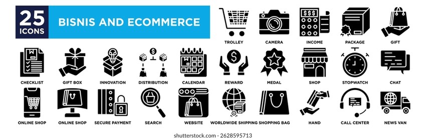 bisnis and ecommerce icon collection set. Containing design Trolley ,Camera ,Income ,Package ,Gift