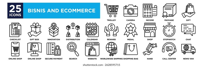 bisnis and ecommerce icon collection set. Containing design Trolley ,Camera ,Income ,Package ,Gift