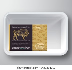 Bison Abstract Vector Plastic Tray Container Cover. Premium Quality Meat Packaging Design Label Layout. Hand Drawn Buffalo Bull, Steak, Sausage, Wings and Legs Sketch Pattern Background. Isolated.