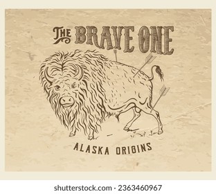 bison in action vector illustration, vintage typography design for t shirt, sticker, badge, embroidery, alaska buffalo artwork, bison hunting 