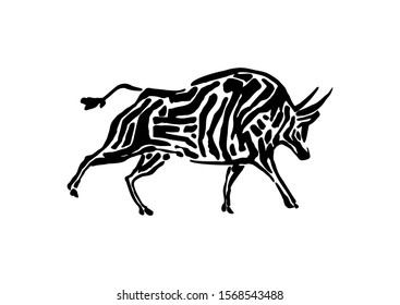 Bison animal decorative vector illustration painted by ink, hand drawn grunge cave painting, black isolated buffalo silhouette on white background.
