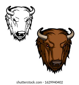 Bison animal head, head of brown bull or buffalo with horns. Vector wild mammal with aggressive muzzle. Symbol of zoo, wildlife and hunting sport club design