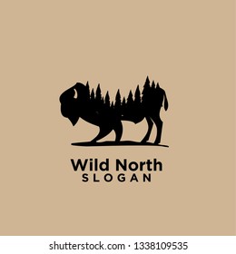 bison animal wild north life. animal with north wild pine tree silhouette logo icon designs vector illustration template. for hunting and wild adventure logo product and trip.