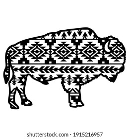 Bison aztec style. Tribal design ethnic ornaments vector print art black graphic illustration isolated on white