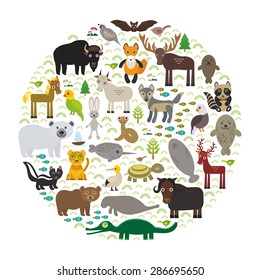 bison bat manatee fox elk horse wolf partridge fur seal Polar bear Pit viper snake Mountain goat raccoon Eagle skunk parakeet Jaguar hare narwhal elk Grizzly gannet Muskox turtle alligator. Vector