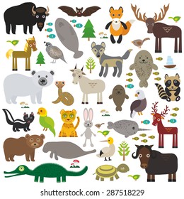 bison bat manatee fox elk horse wolf partridge fur seal Polar bear Pit viper snake Mountain goat raccoon Eagle skunk parakeet Jaguar hare narwhal elk Grizzly gannet Muskox turtle alligator. Vector