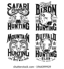 Bison, bighorn sheep ram and Cape buffalo hunting t-shirt vector prints. Trophy hunting club mascot, hunter clothing print with retro typography, African and North America mountain horned animal head