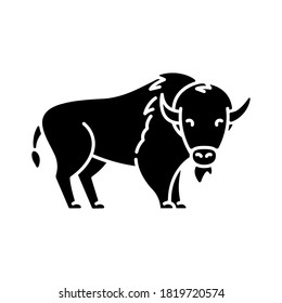 Bison black glyph icon. North American fauna, herbivore animal, endangered species. Cattle farm, domestic livestock silhouette symbol on white space. Large buffalo vector isolated illustration