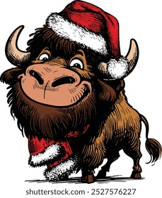 Bison breed in red hat of Santa Claus, Funny Christmas Animal, Animal Christmas Winter Holiday , Cute Christmas Animal