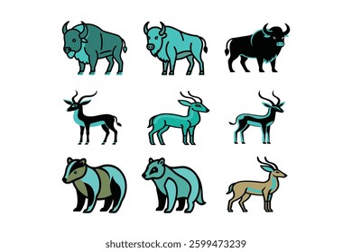 bison, buffalo, badger, antelope animal set vector Illustration