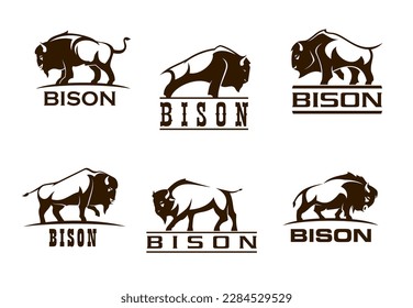 Bison buffalo symbols for company, corporate business or brand, vector bull ox icons. Bison buffalo silhouette of wild bull animal with raised hoof for corporation, sport, military or hunting store