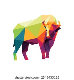 Bison Bull Animal en Abstractas poligonal colorido. Vector gráfico bajo poli colorido del bisonte enojado. Bisonte Abstractas colorido del logotipo del triángulo para el libro animal de los niños