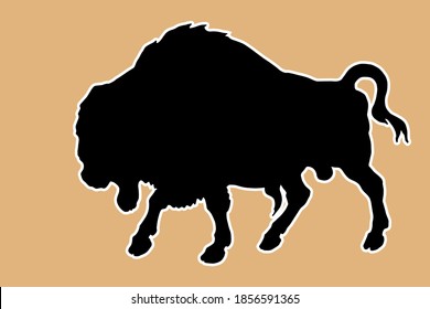 bison, bull, black silhouette with a contour for stickers.	
