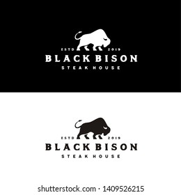 Bison Bull Buffalo Angus Silhouette Steak BBQ Barbecue Vintage Retro Logo design 